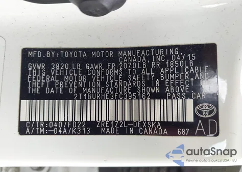 2015 Toyota Corolla S Plus from USA, damaged, VIN 2T1BURHE3FC395162